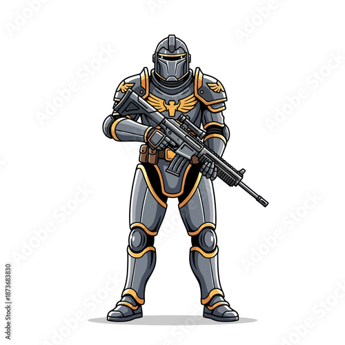 Futuristic Soldier in Armor Holding Rifle, Sci-Fi Warrior