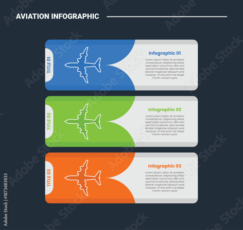 aviation infographic process diagram with round rectangle banner template with sharp curve badge on stacked list with dark background bright outline style 3 points