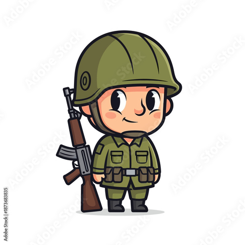 Cute Cartoon Soldier with Rifle, Military Character Illustration