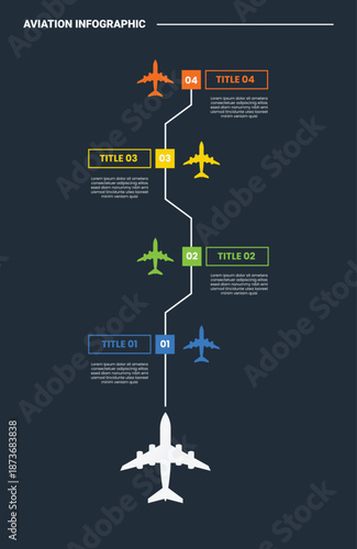 aviation infographic process diagram with zigzag small plane vertical line opposite direction with dark background bright outline style 4 points