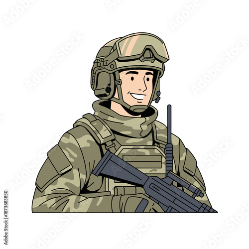 Smiling soldier in camouflage uniform holding rifle, military service concept