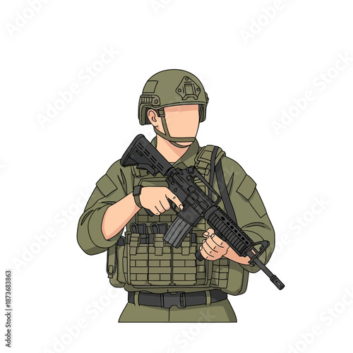 Military Soldier Holding Assault Rifle, Front View, Camouflage Uniform, Tactical Gear