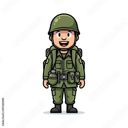 Cute cartoon soldier with backpack and canteen, ready for duty