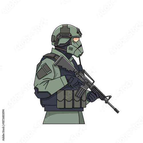 Modern Soldier Holding Rifle, Tactical Gear, Military Illustration