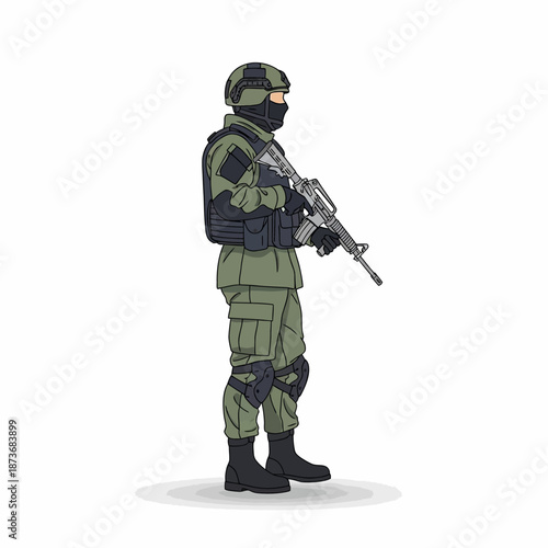 Soldier standing, holding rifle, wearing tactical gear, military uniform, helmet and mask