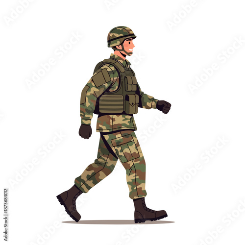 Soldier marching in camouflage uniform, military, army, protective gear, white background
