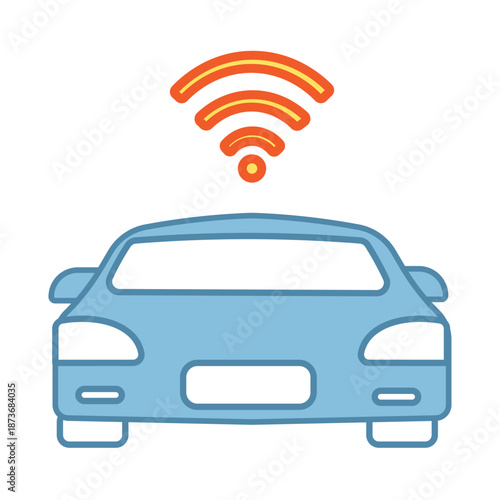 Modern car with wireless signal representing autonomous driving and connected vehicle tech