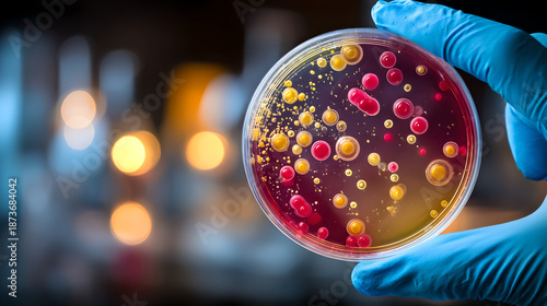 A gloved hand holding a petri dish with various bacteria colonies growing.
