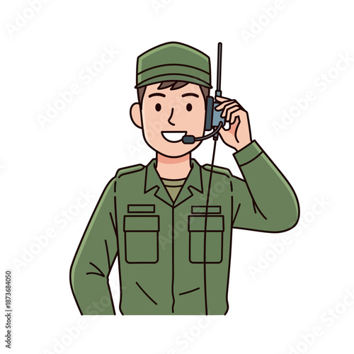 Smiling Soldier Talking on Radio Headset, Military Communication Concept