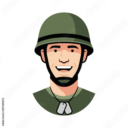 Smiling Soldier Portrait with Dog Tags and Helmet - Military Cartoon