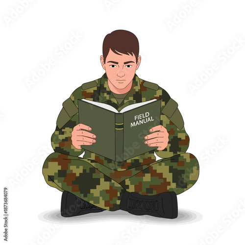 Soldier in camouflage uniform reading a field manual, sitting cross-legged