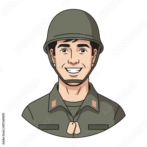 Smiling soldier in uniform with helmet, dog tags, vector illustration