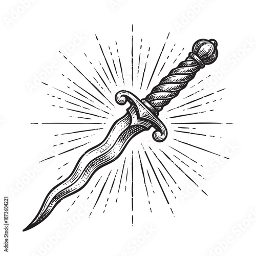 Wavy-Bladed Dagger with Sunburst engraving vector illustration
