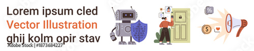 Cybersecurity, digital safety, user access control, data protection, technology evolution, secure communication. Robot with shield, person opening locked door money and alert symbols. Cybersecurity