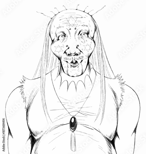 魔法使いのような衣装を着た中年男性のモノクロイラスト 女装したおじさんのシュールな描写