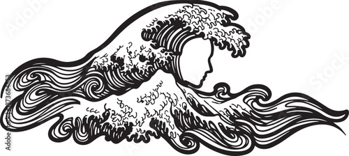 Stylized Black and White Ocean Wave Illustration Artwork Design