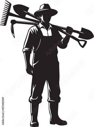 Farmer standing with gardening tools on shoulder silhouette illustration