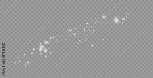 Dust white. White sparks and golden stars shine with special light. Vector sparkles on a transparent background. Christmas abstract pattern