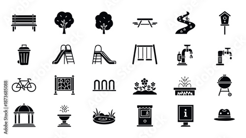 Collection of park and outdoor recreation glyph icons representing public space amenities and leisure activities for various graphic design applications