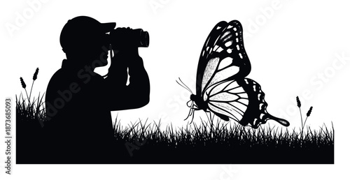 Person observing butterfly through binoculars in nature, ideal for outdoor hobby, wildlife study, and environmental awareness campaigns.