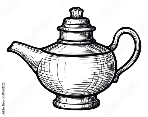 Hand drawn vintage oil lamp with intricate cross hatching, evoking ancient mystery and folklore, perfect for historical publications or magical graphic designs.