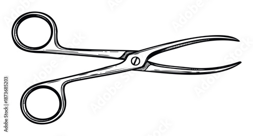 Precision surgical hemostat medical instrument rendered in a stylized black and white hand drawn sketch, perfect for healthcare industry content or educational presentations.