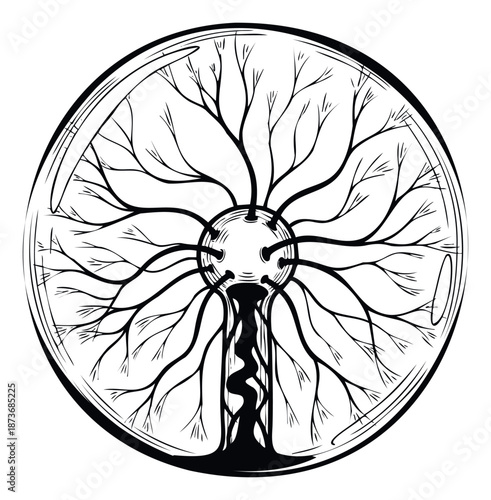Abstract representation of a complex neural network or interconnected organic system within a spherical framework for scientific educational resources and conceptual graphics