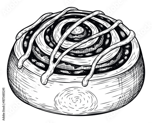 A delicious handdrawn cinnamon roll with sweet icing drizzle, perfect for bakery branding, breakfast menus, recipe blogs, or coffee shop advertisements.