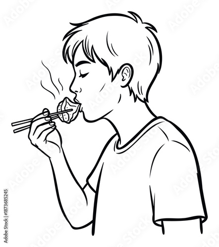 Side profile of an Asian man enjoying a steaming dim sum dumpling held by chopsticks, ideal for culinary promotions, recipe content, or cultural food experiences.