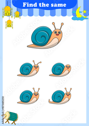 Funny cartoon animals. Find same pictures. Educational game for children. Cartoon vector illustration