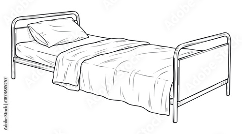 Detailed black and white line drawing of an empty single bed, ideal for depicting medical facilities, recovery rooms, patient care, and healthcare environments, suitable for publishing and