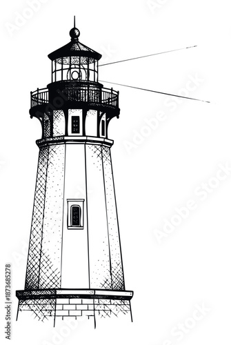 Detailed black and white sketch of a traditional beacon guiding ships with its powerful light, suitable for nautical travel publications, marine safety guides, or coastal themed graphic