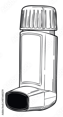 Medical device for respiratory conditions, a handheld asthma inhaler with a ribbed cap and a rectangular body, suitable for healthcare and pharmaceutical product presentations.