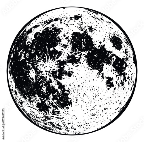 Black and white depiction of the full moon with craters and textured surface perfect for celestial science projects astronomy posters or cosmic themed graphics