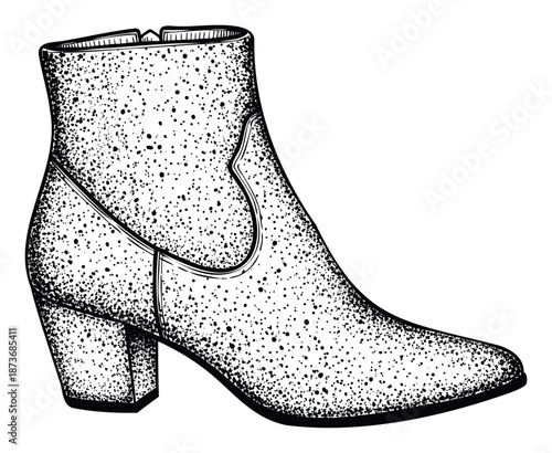 Stylish black and white stipple textured womens ankle boot with a high heel, perfect for contemporary apparel campaigns and vintage inspired accessory catalogs.