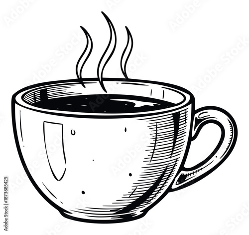 Hand drawn black and white steaming hot coffee cup ready for use in cafe branding and menus perfect for rustic kitchen decor or beverage advertisements