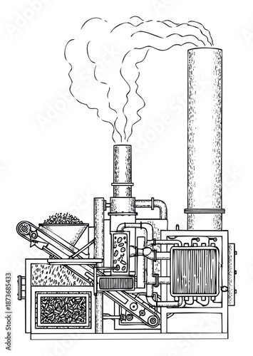 Detailed black and white drawing of an industrial biomass energy plant or waste incinerator producing steam and emissions, suitable for environmental, industrial, or renewable energy themed