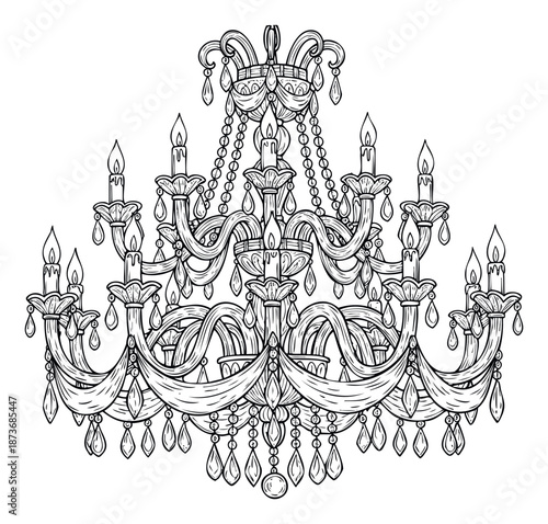 Ornate baroque style chandelier featuring intricate crystal details and multiple lit candles perfect for luxury interior decor graphics or classic architectural design elements