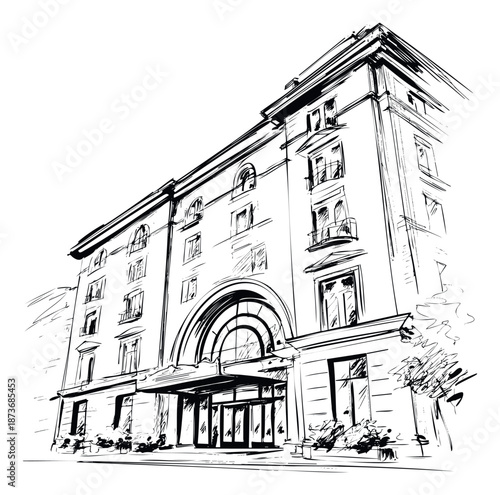 Dynamic low angle sketch of a classic urban building featuring an arched entryway and street level cafe seating, ideal for travel blogs, architectural presentations, or city guide