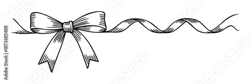 A decorative hand drawn bow and swirling ribbon graphic suitable for holiday celebrations, gift packaging, greeting event invitations, and festive announcement decorations.