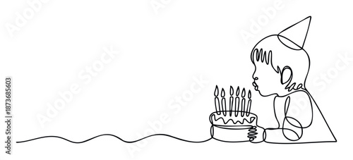 One continuous line drawing of a child wearing a party hat blowing out candles on a birthday cake, ideal for holiday greetings, party invitations, or celebration themed promotions.