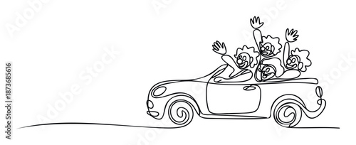 Delightful continuous line drawing depicting four jubilant characters waving from a convertible car, ideal for engaging social media posts, event flyers, and youthoriented marketing
