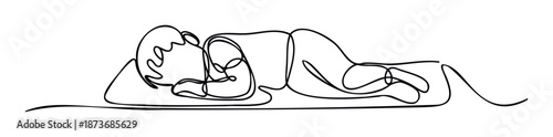 A serene continuous line drawing depicting a person peacefully sleeping or resting, ideal for designs related to relaxation, wellness, self care, dreams, or minimalist aesthetic concepts.