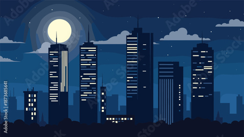 Modern urban city skyline with illuminated skyscrapers under a large full moon in a starry night sky with soft clouds.