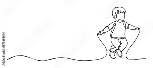 A playful child is actively jumping rope in a continuous single line drawing, perfect for health and wellness promotions or educational material for young audiences.