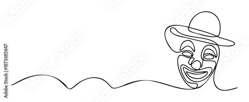 Simple black continuous line drawing of a smiling clown face wearing a hat, perfect for entertainment or circus themed marketing materials and event promotions