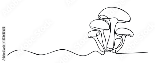 Minimalist continuous line drawing of various mushrooms creating an organic graphic suitable for nature themed decor, modern print designs, or web illustrations