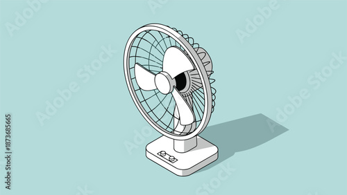Detailed classic white electric desk fan in an isometric line drawing style set against a light teal blue background.
