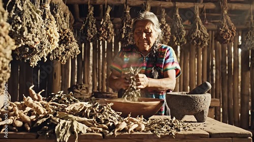 Woman Preparing Herbs in a Traditional Setting - A Cultural Insight.
