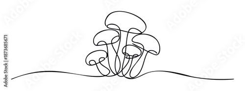 Minimalist continuous line drawing of multiple mushrooms growing together, perfect for modern graphic resources, visual identity, or abstract naturethemed decorations